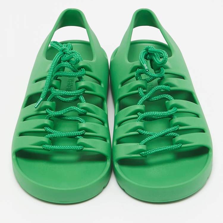 Pre Owned Bottega Veneta Green Rubber Lace Up Flat Sandals Size 41
