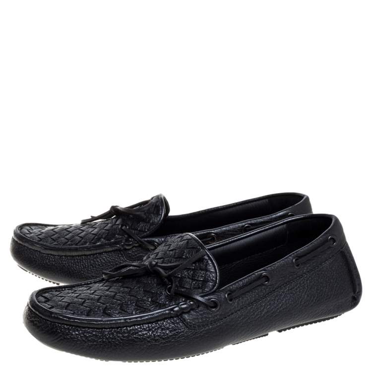 Pre Owned Bottega Veneta Black Intrecciato Leather Cervo Wave Driver Bow Loafers Size 40