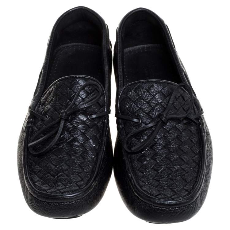 Pre Owned Bottega Veneta Black Intrecciato Leather Cervo Wave Driver Bow Loafers Size 40