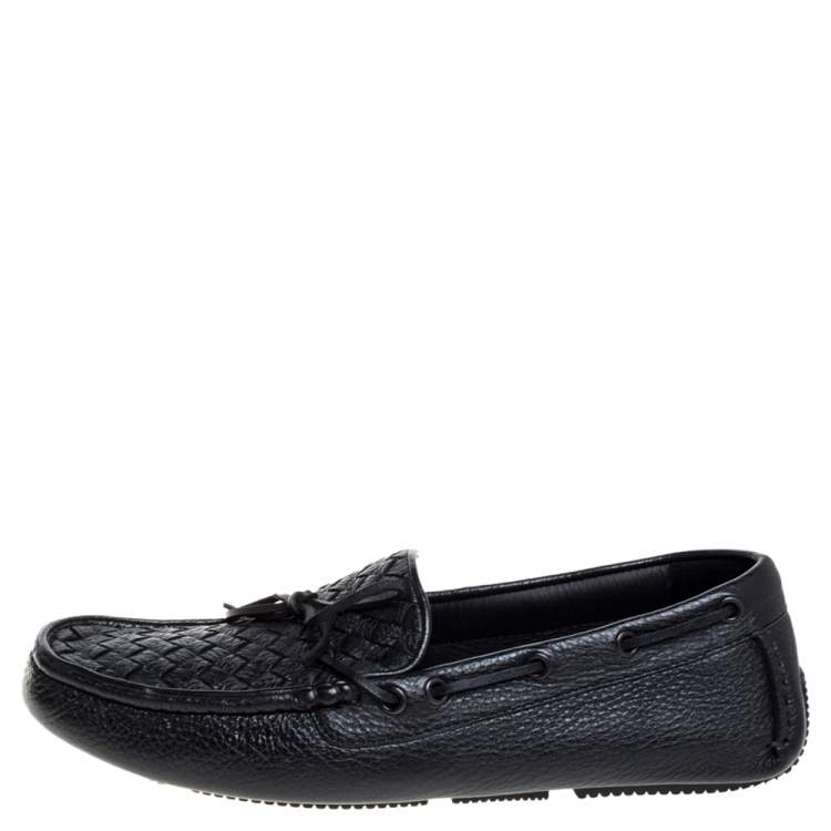 Pre Owned Bottega Veneta Black Intrecciato Leather Cervo Wave Driver Bow Loafers Size 40