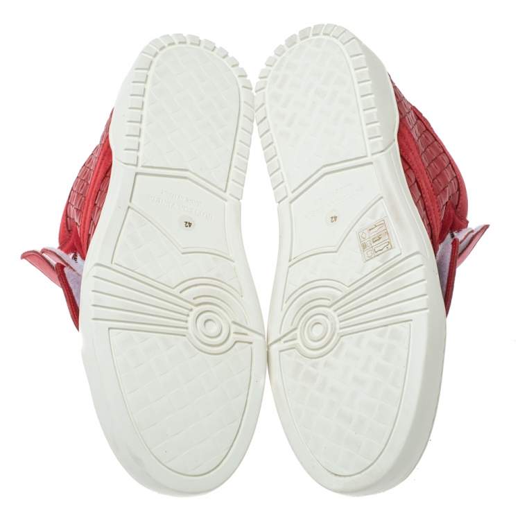 مملوكة مسبقًا Bottega Veneta Red Intrecciato Leather and Suede Velcro Strap High Top Sneakers Size 42
