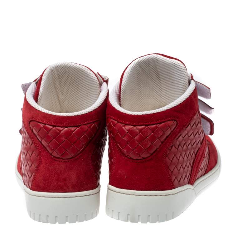 Pre Owned Bottega Veneta Red Intrecciato Leather and Suede Velcro Strap High Top Sneakers Size 44