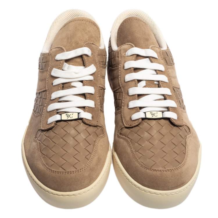 Pre Owned Bottega Veneta Brown Intrecciato Leather And Suede Low Top Sneakers Size 43