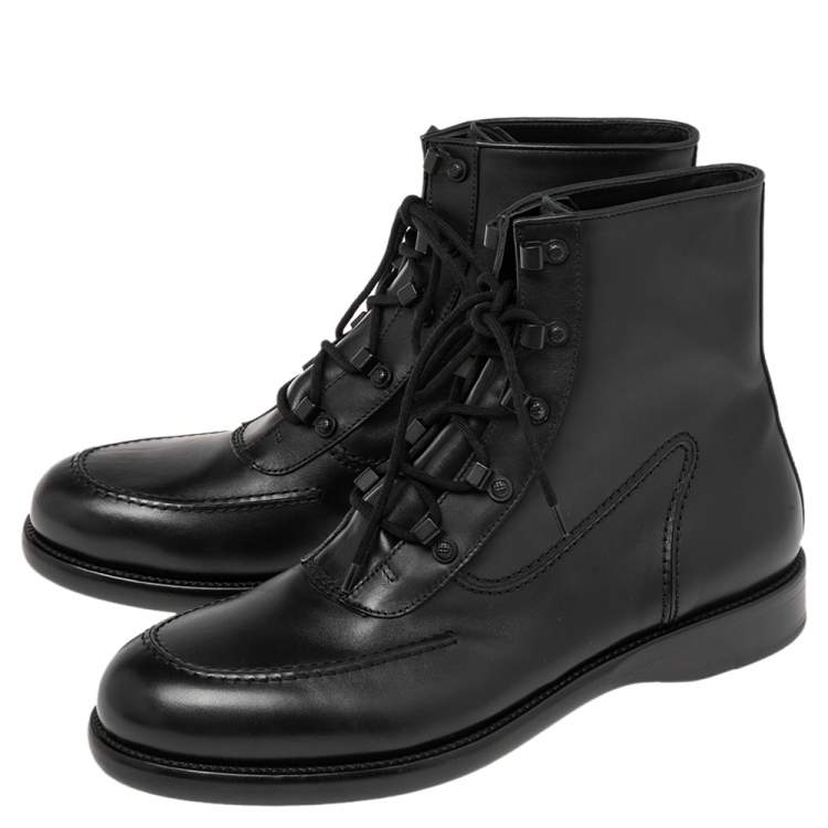 Pre Owned Bottega Veneta Black Leather Combat Ankle Boots Size 43