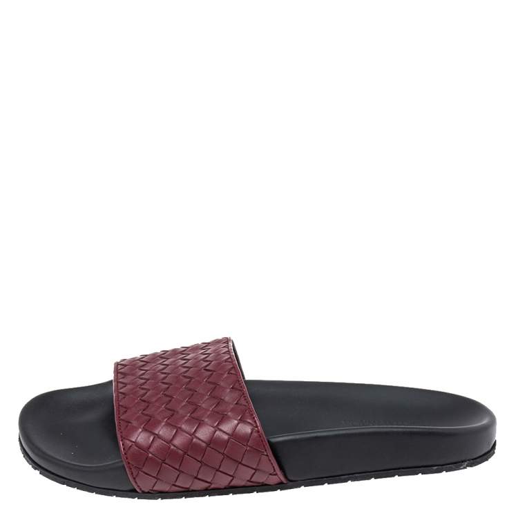 Pre Owned Bottega Veneta Burgundy Intrecciato Leather Flat Slides Size 40