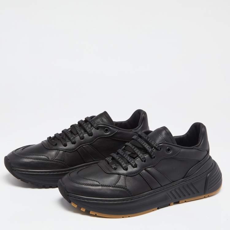 Pre Owned Bottega Veneta Black Leather Low Top Lace Up Sneakers Size 42 