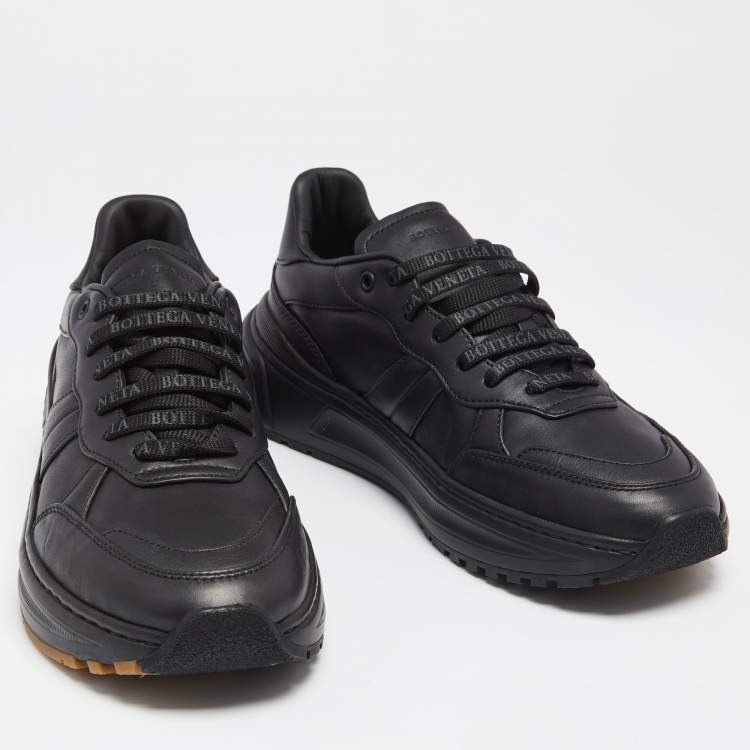 Pre Owned Bottega Veneta Black Leather Low Top Lace Up Sneakers Size 42 