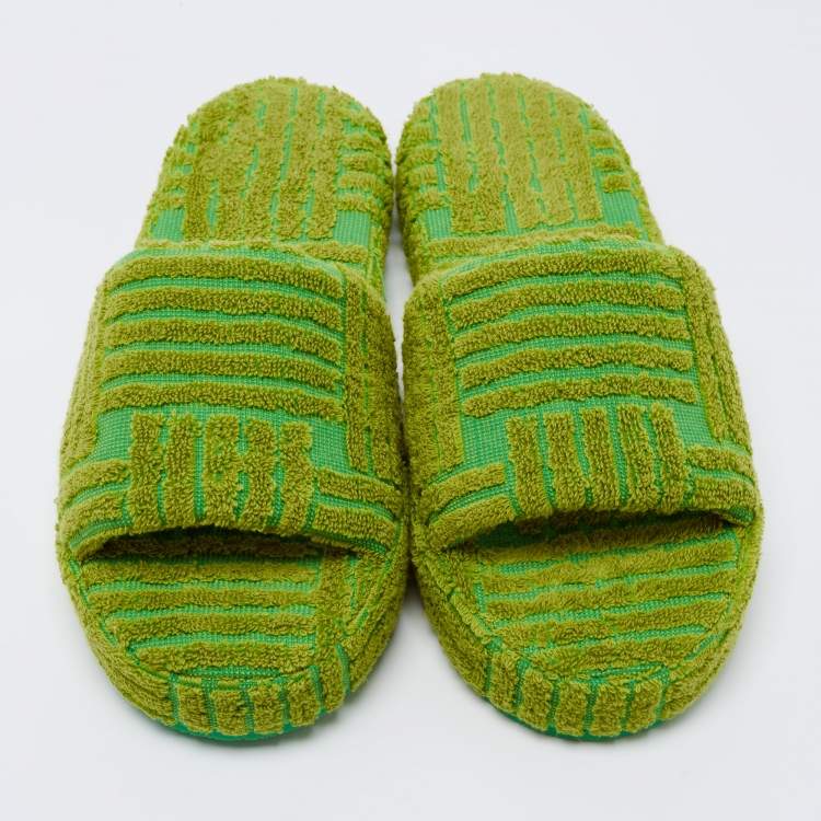 Pre Owned Bottega Veneta Neon Green Cotton Fabric Resort Sponge Platform Slides Size 39