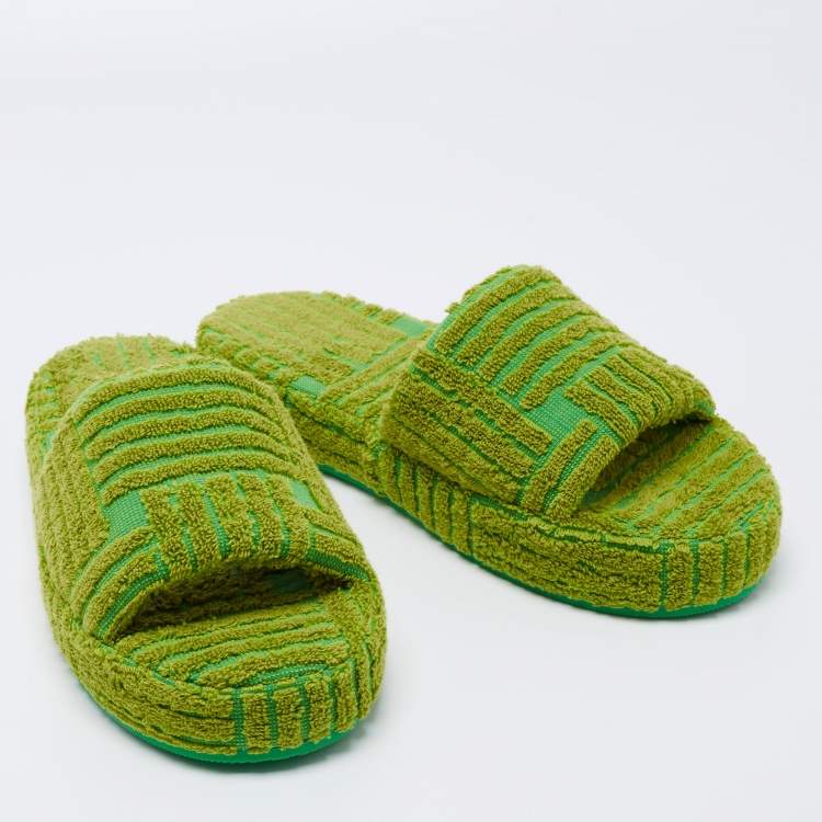 Pre Owned Bottega Veneta Neon Green Cotton Fabric Resort Sponge Platform Slides Size 39
