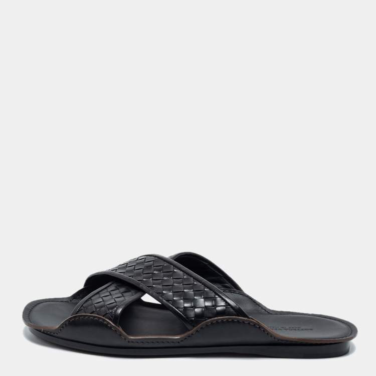 Pre Owned Bottega Veneta Black Intrecciato Leather Cross Strap Slides Size 45