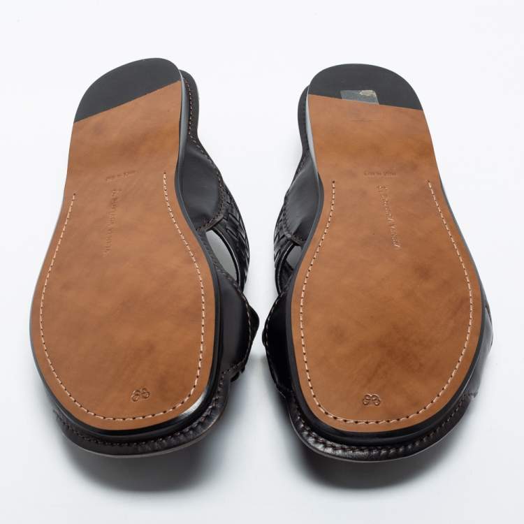 Pre Owned Bottega Veneta Black Intrecciato Leather Cross Strap Slides Size 45