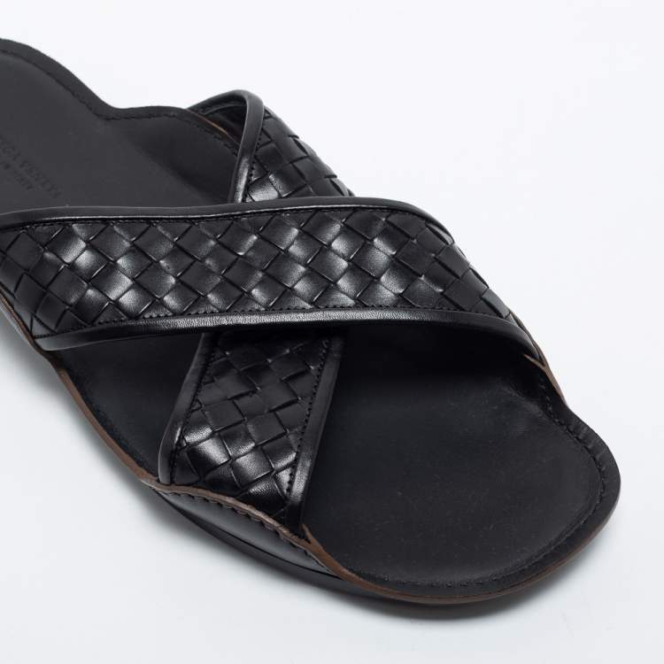 Pre Owned Bottega Veneta Black Intrecciato Leather Cross Strap Slides Size 45