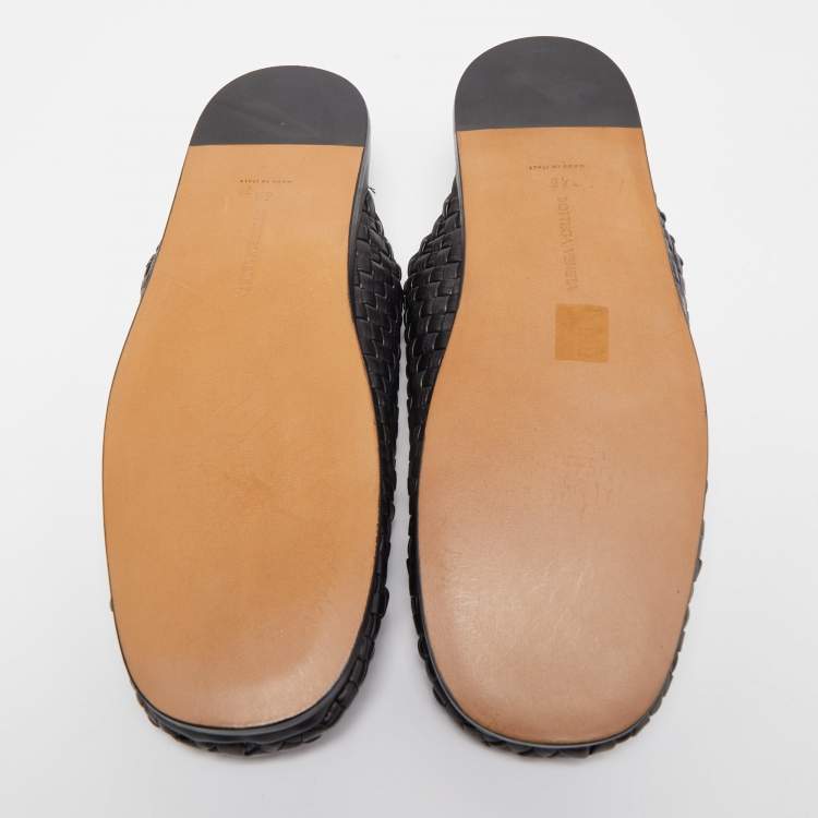 Pre Owned Bottega Veneta Black Intrecciato Leather Flat Mules Size 46