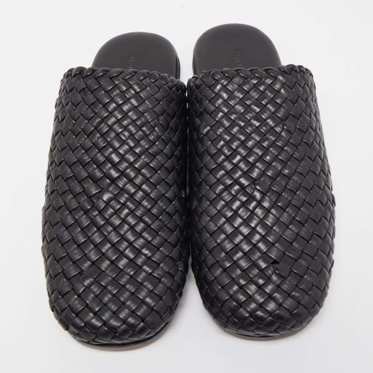 Pre Owned Bottega Veneta Black Intrecciato Leather Flat Mules Size 46