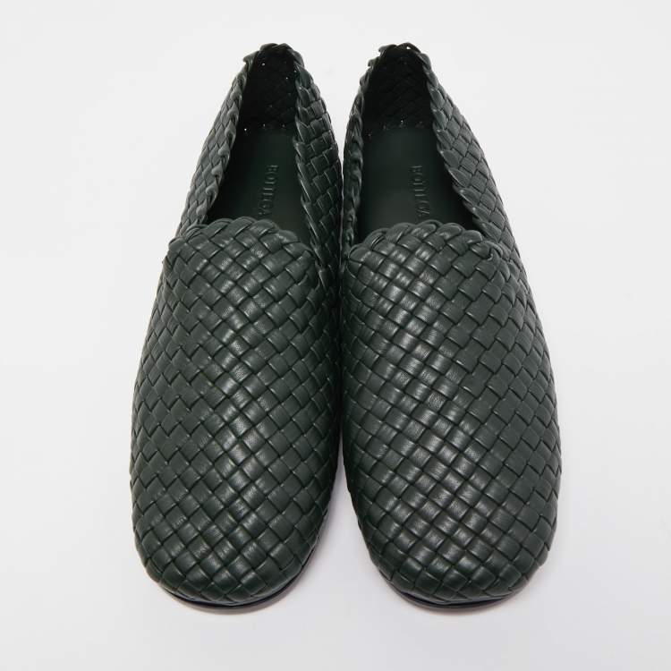 Pre Owned Bottega Veneta Dark Green Intrecciato Leather Slip On Loafers Size 44