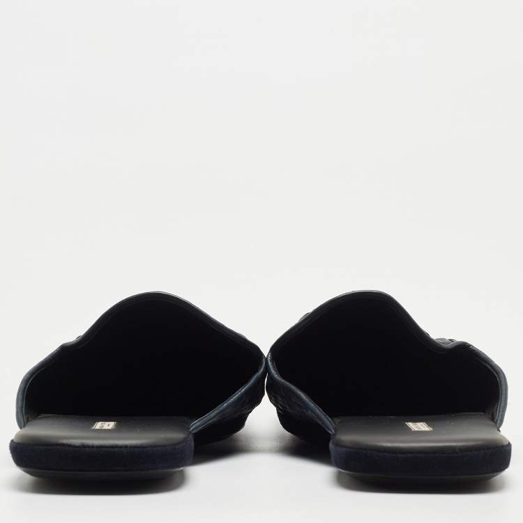 مملوكة مسبقًا Bottega Veneta Navy Blue Intrecciato Leather Fiandra Mules Size 44