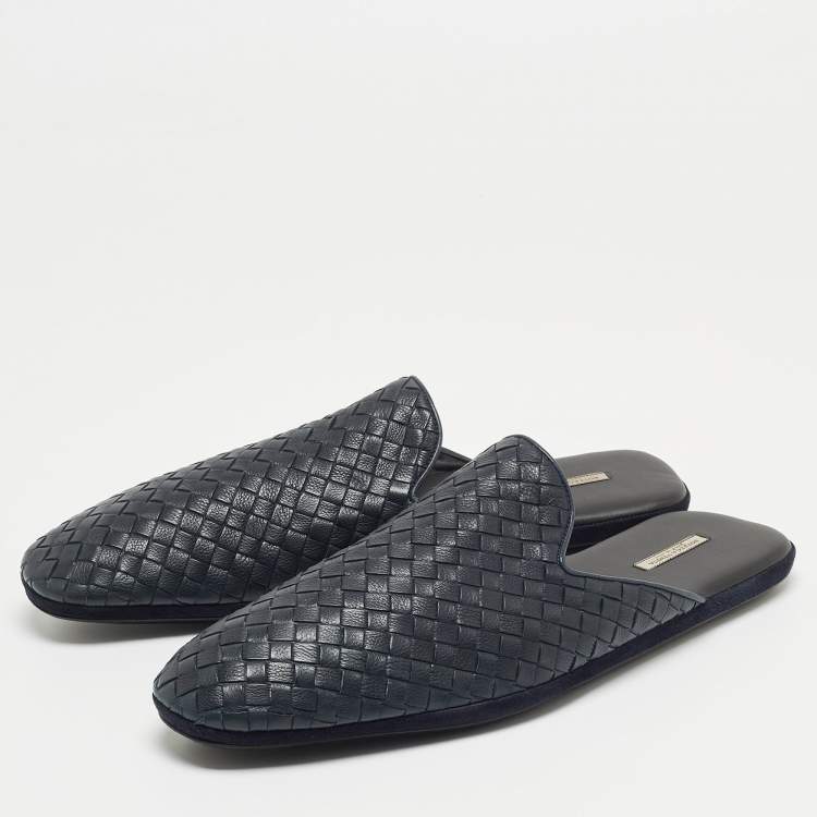 Bottega Veneta Navy Blue Intrecciato Leather Fiandra Mules