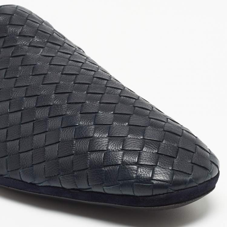 مملوكة مسبقًا Bottega Veneta Navy Blue Intrecciato Leather Fiandra Mules Size 44