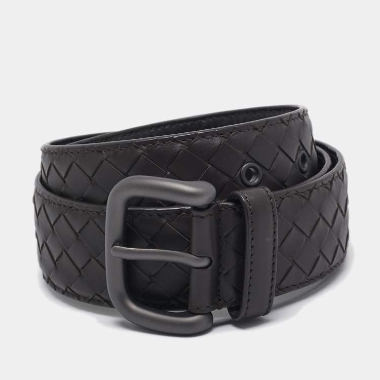 Pre Owned Bottega Veneta Brown Intrecciato Leather Buckle Belt 85 CM