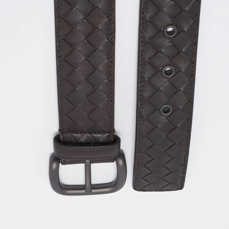 Pre Owned Bottega Veneta Brown Intrecciato Leather Buckle Belt 85 CM