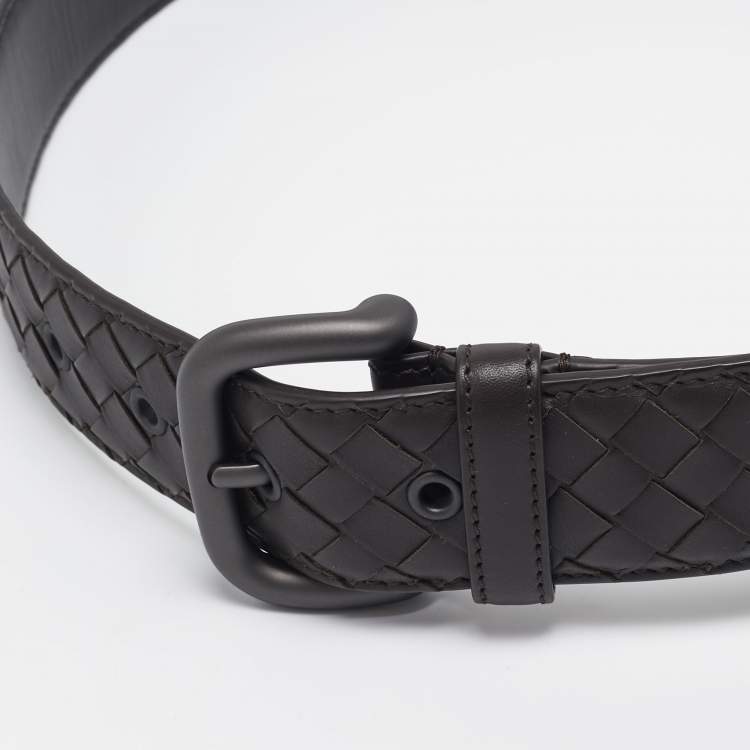 Pre Owned Bottega Veneta Brown Intrecciato Leather Buckle Belt 85 CM