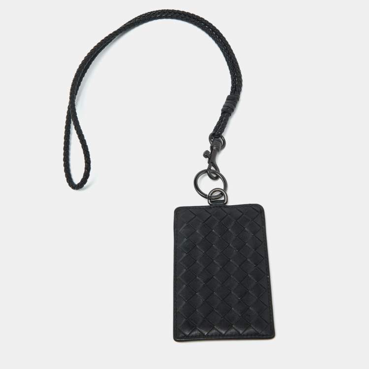 Pre Owned Bottega Veneta Black Intrecciato Leather Lanyard Card Holder