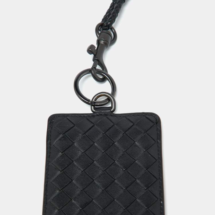 Pre Owned Bottega Veneta Black Intrecciato Leather Lanyard Card Holder