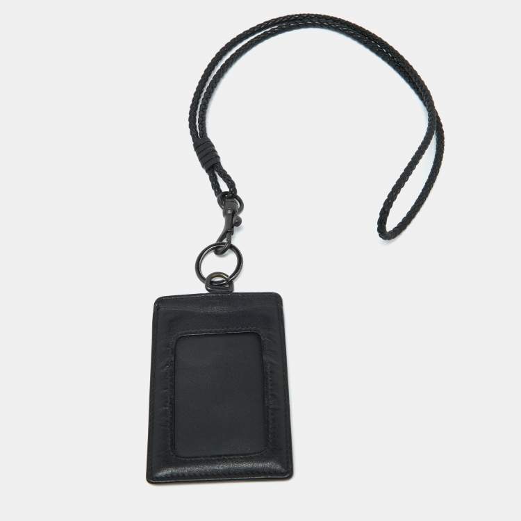 Pre Owned Bottega Veneta Black Intrecciato Leather Lanyard Card Holder