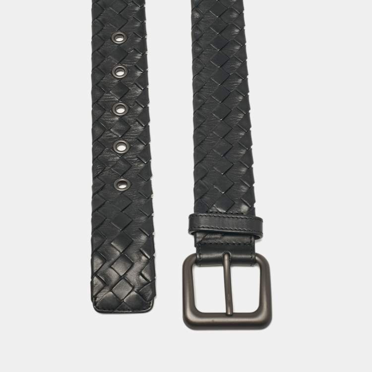 Pre Owned Bottega Veneta Black Intrecciato Leather Buckle Belt 75CM