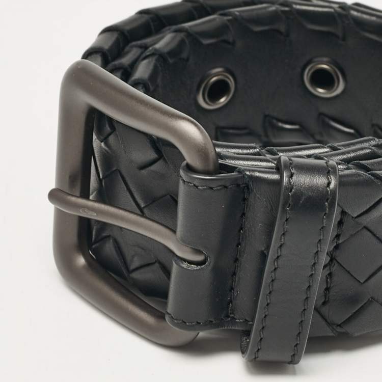 Pre Owned Bottega Veneta Black Intrecciato Leather Buckle Belt 75CM