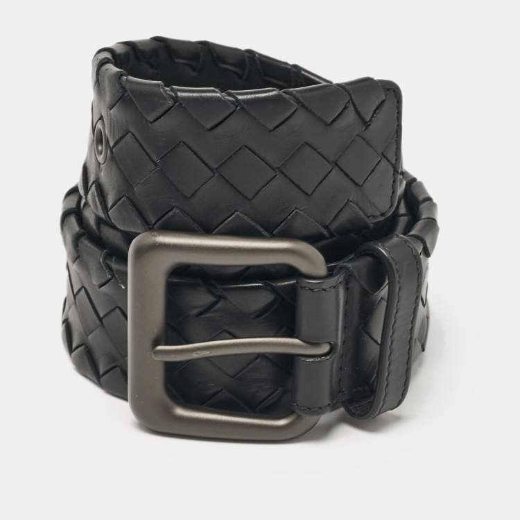 Pre Owned Bottega Veneta Black Intrecciato Leather Buckle Belt 75CM