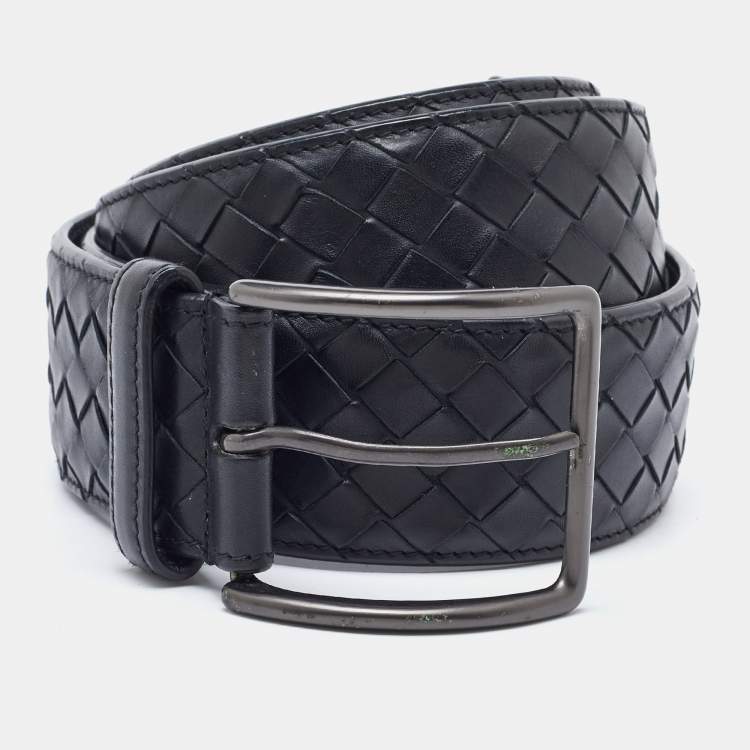 Pre Owned Bottega Veneta Black Intrecciato Leather Buckle Belt 110CM