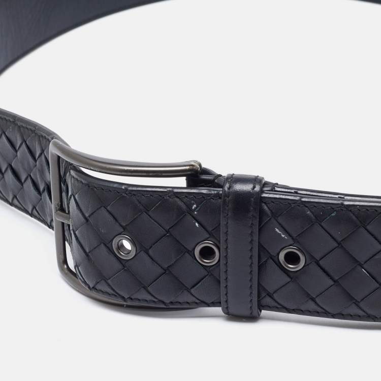 Pre Owned Bottega Veneta Black Intrecciato Leather Buckle Belt 110CM
