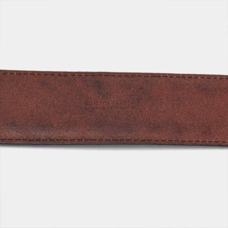 Pre Owned Bottega Veneta Brown Intrecciato Laser Leather Buckle Belt 95CM
