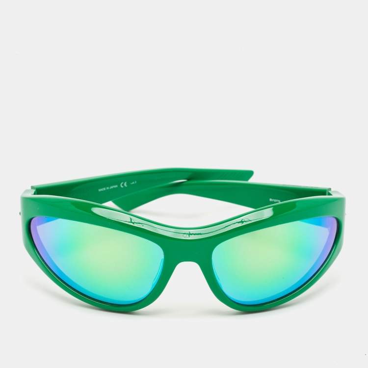 Pre Owned Bottega Veneta Green Mirrored BV1077S Racing Frame Sunglasses