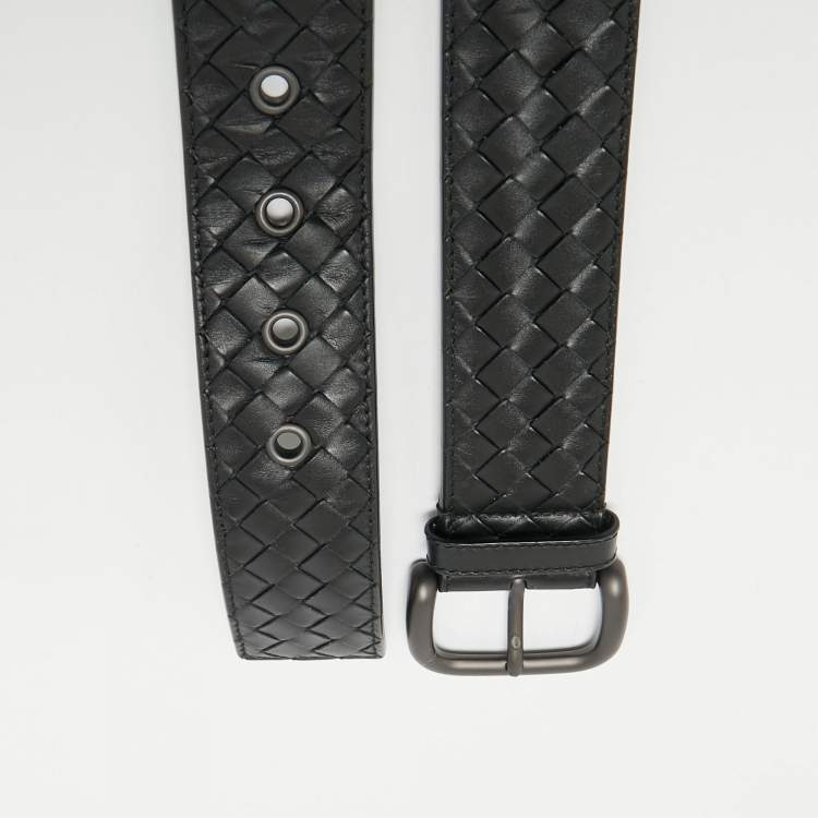 Pre Owned Bottega Veneta Black Intrecciato Leather Buckle Belt 90 CM