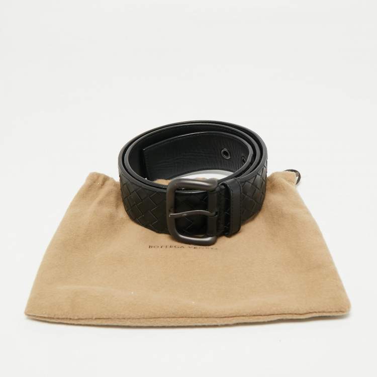 Pre Owned Bottega Veneta Black Intrecciato Leather Buckle Belt 90 CM