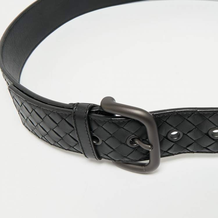 Pre Owned Bottega Veneta Black Intrecciato Leather Buckle Belt 90 CM
