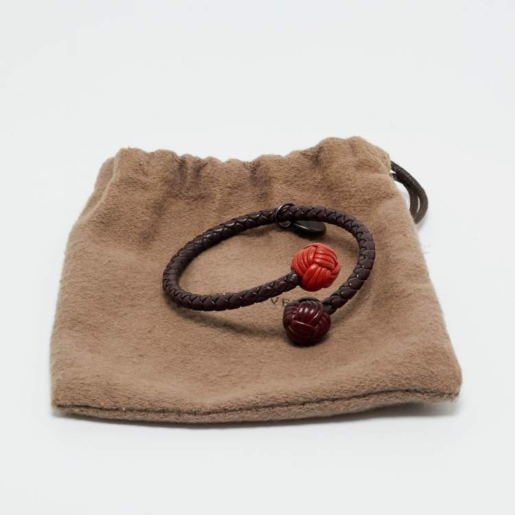 Pre Owned Bottega Veneta Interciatto Pulsera de Cuero Leather Gunmetal Tone Bracelet