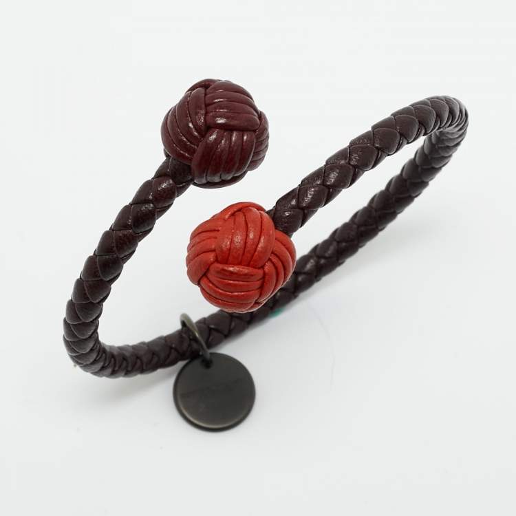 Pre Owned Bottega Veneta Interciatto Pulsera de Cuero Leather Gunmetal Tone Bracelet