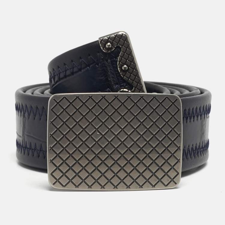 Pre Owned Bottega Veneta Intrecciato Belt Navy Blue/Blue Crocodile Embossed Leather