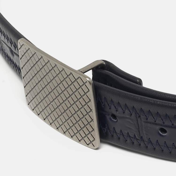 Pre Owned Bottega Veneta Intrecciato Belt Navy Blue/Blue Crocodile Embossed Leather