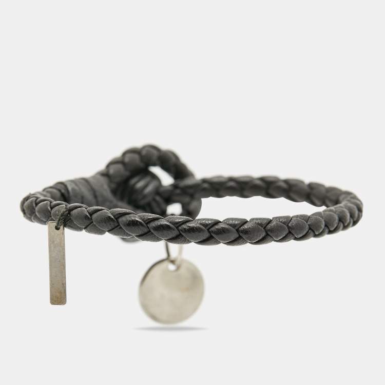 Pre Owned Bottega Veneta Intrecciato Black Leather Silver Tone Knot Bracelet 