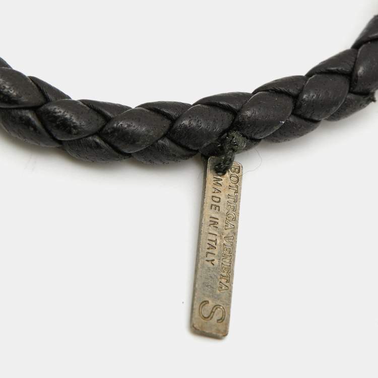 Pre Owned Bottega Veneta Intrecciato Black Leather Silver Tone Knot Bracelet 