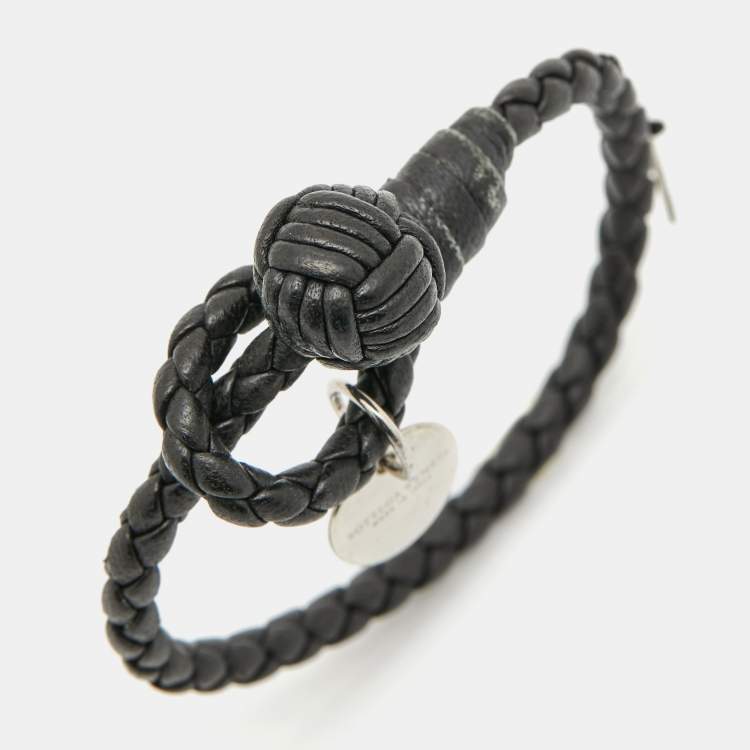 Pre Owned Bottega Veneta Intrecciato Black Leather Silver Tone Knot Bracelet 