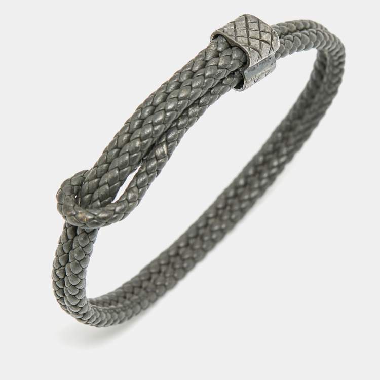 Pre Owned Bottega Veneta Grey Intrecciato Leather Sterling Silver Adjustable Bracelet