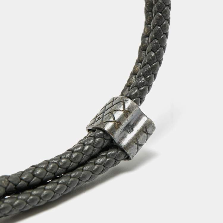 Pre Owned Bottega Veneta Grey Intrecciato Leather Sterling Silver Adjustable Bracelet