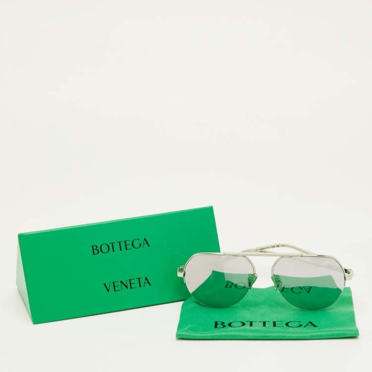 Pre Owned Bottega Veneta Grey/Silver Tone Mirrored BV1150S Aviator Sunglasses