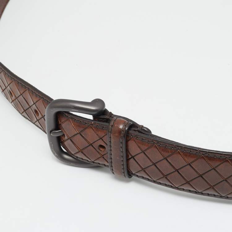 Pre Owned Bottega Veneta 90 CM Buckle Belt Brown Intrecciato Leather