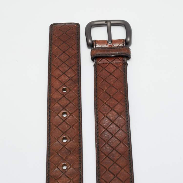 Pre Owned Bottega Veneta 90 CM Buckle Belt Brown Intrecciato Leather